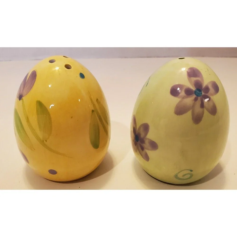 Shakers Glazed Easter Eggs Salt & Pepper Set, Green & Yellow W/ Flowers, Spring
